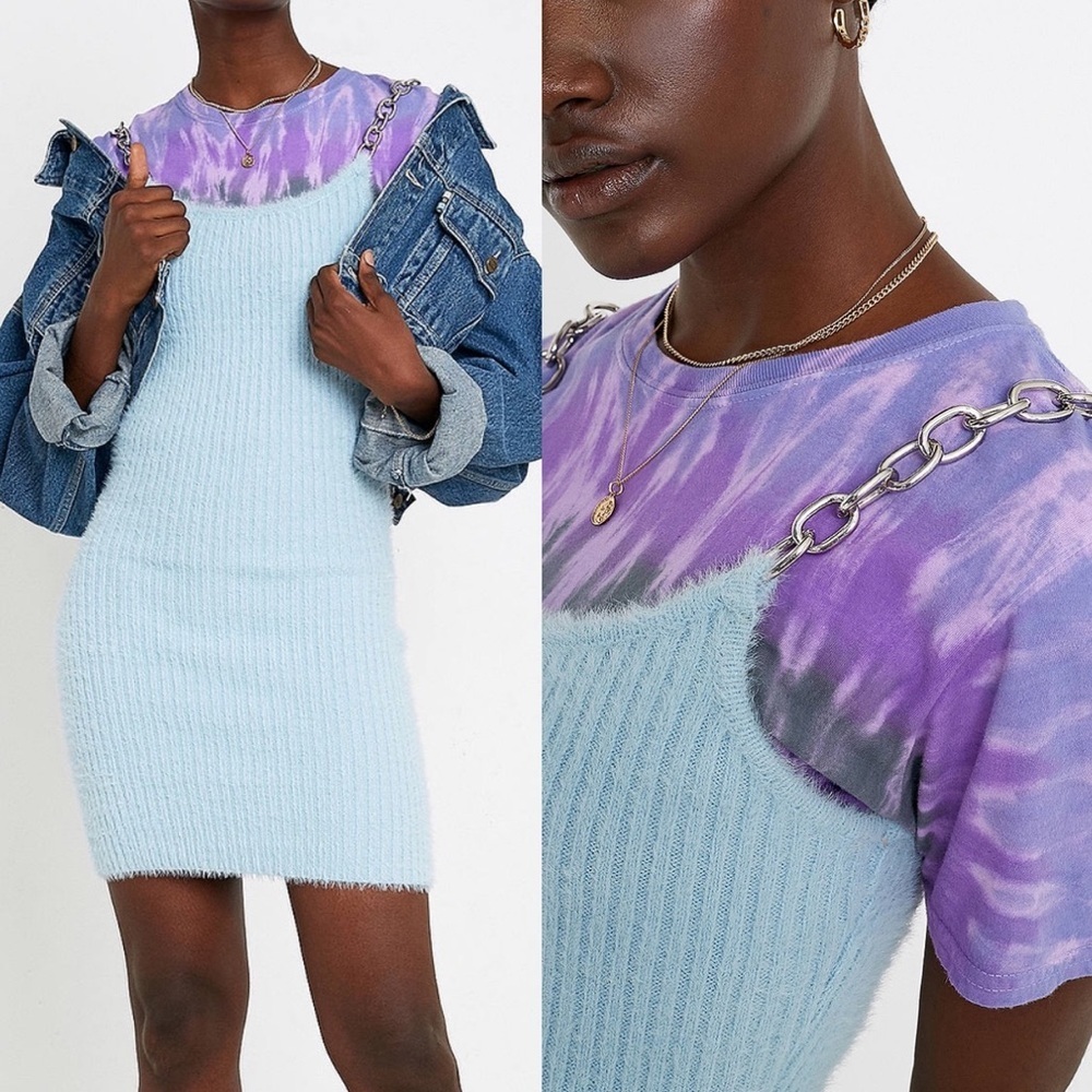 The Ragged Priest Dress Womens XS Chain Strap Fuzzy Light Blue Alternative Mini